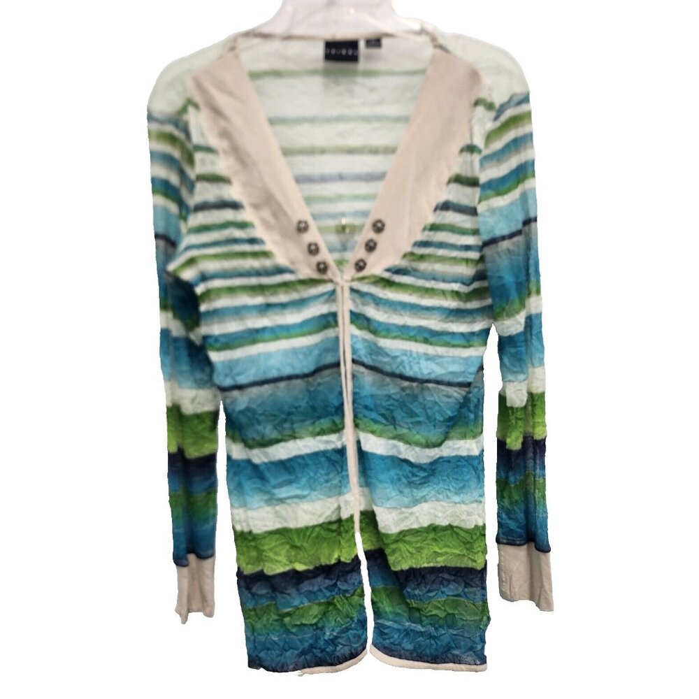 Tribal Womens Cardigan Size Medium Blue Cream Striped Crinkle‎ Sheer Artsy